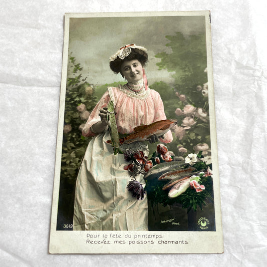 1900s - Vintage Postcard - Woman with Fish - French Spring Card