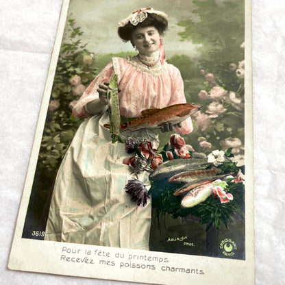 1900s - Vintage Postcard - Woman with Fish - French Spring Card