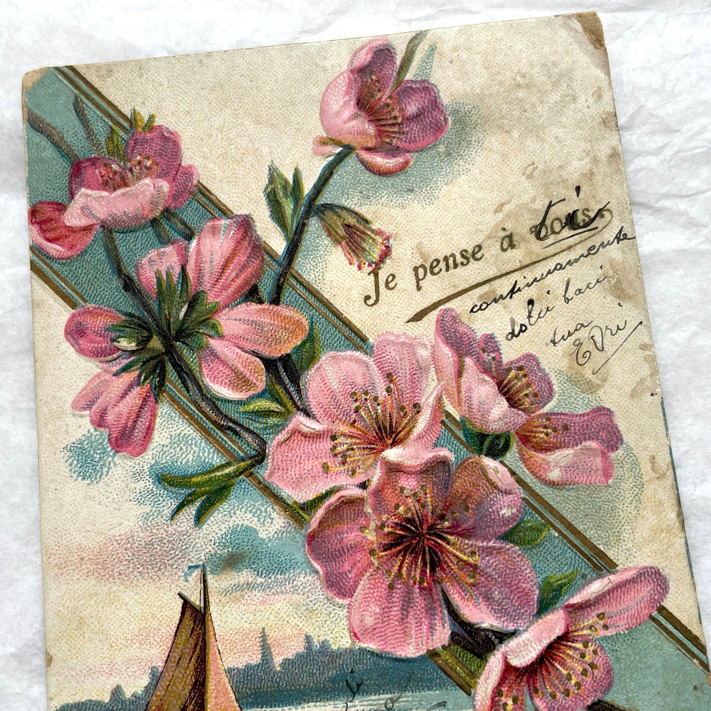 1900s French postcard with pink cherry blossoms, a sailboat, and a vintage French stamp