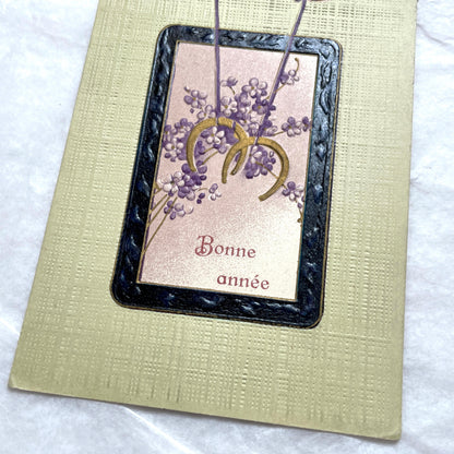 1900s New Year postcard with swallows carrying a good luck horseshoe and 'Bonne année' French text.
