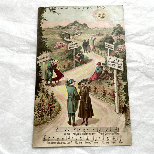 1910s French postcard with WWI Poilus, allegorical path of happiness, couples, and French lyrics.
