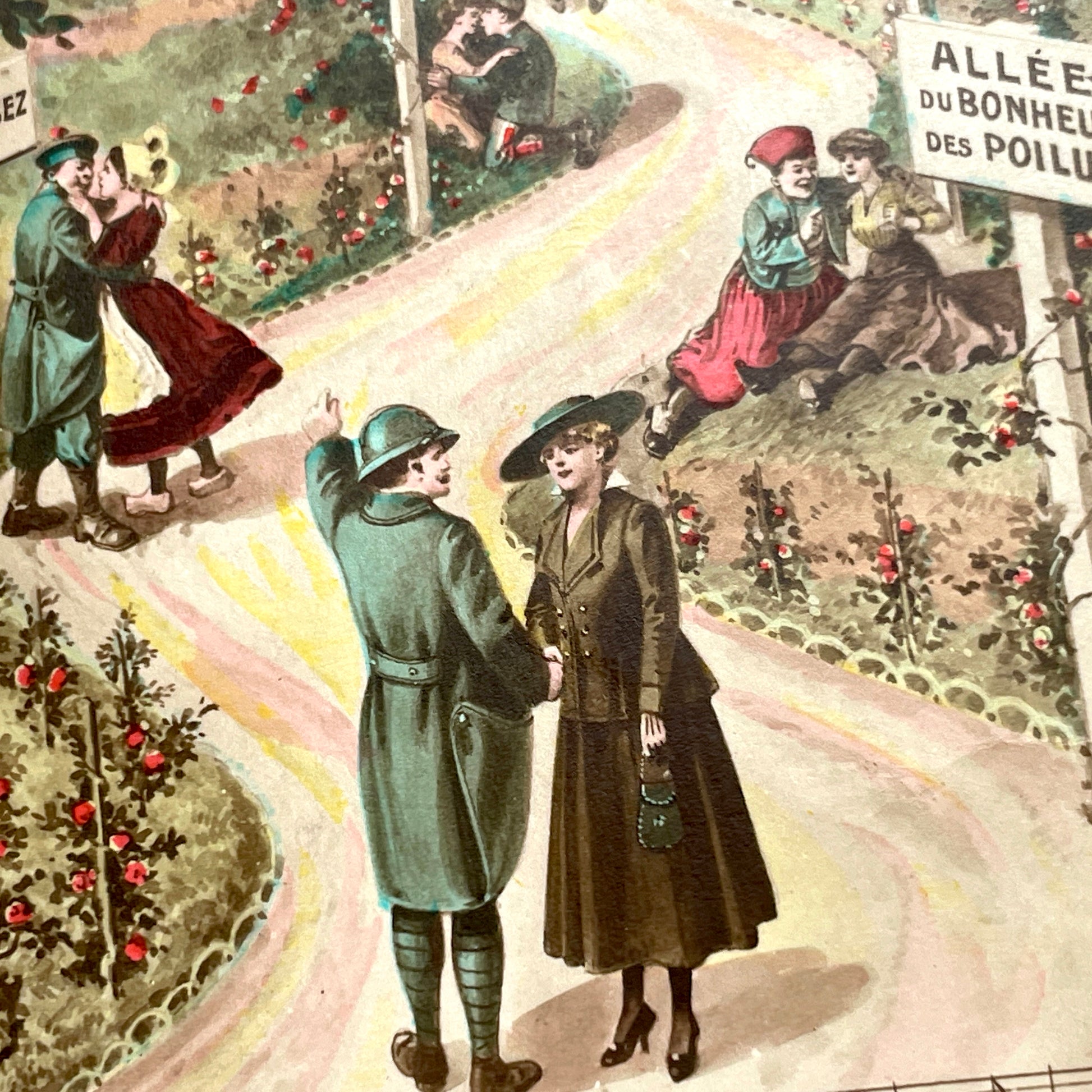 1910s French postcard with WWI Poilus, allegorical path of happiness, couples, and French lyrics.