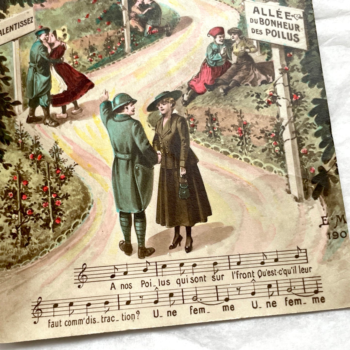 1910s French postcard with WWI Poilus, allegorical path of happiness, couples, and French lyrics.