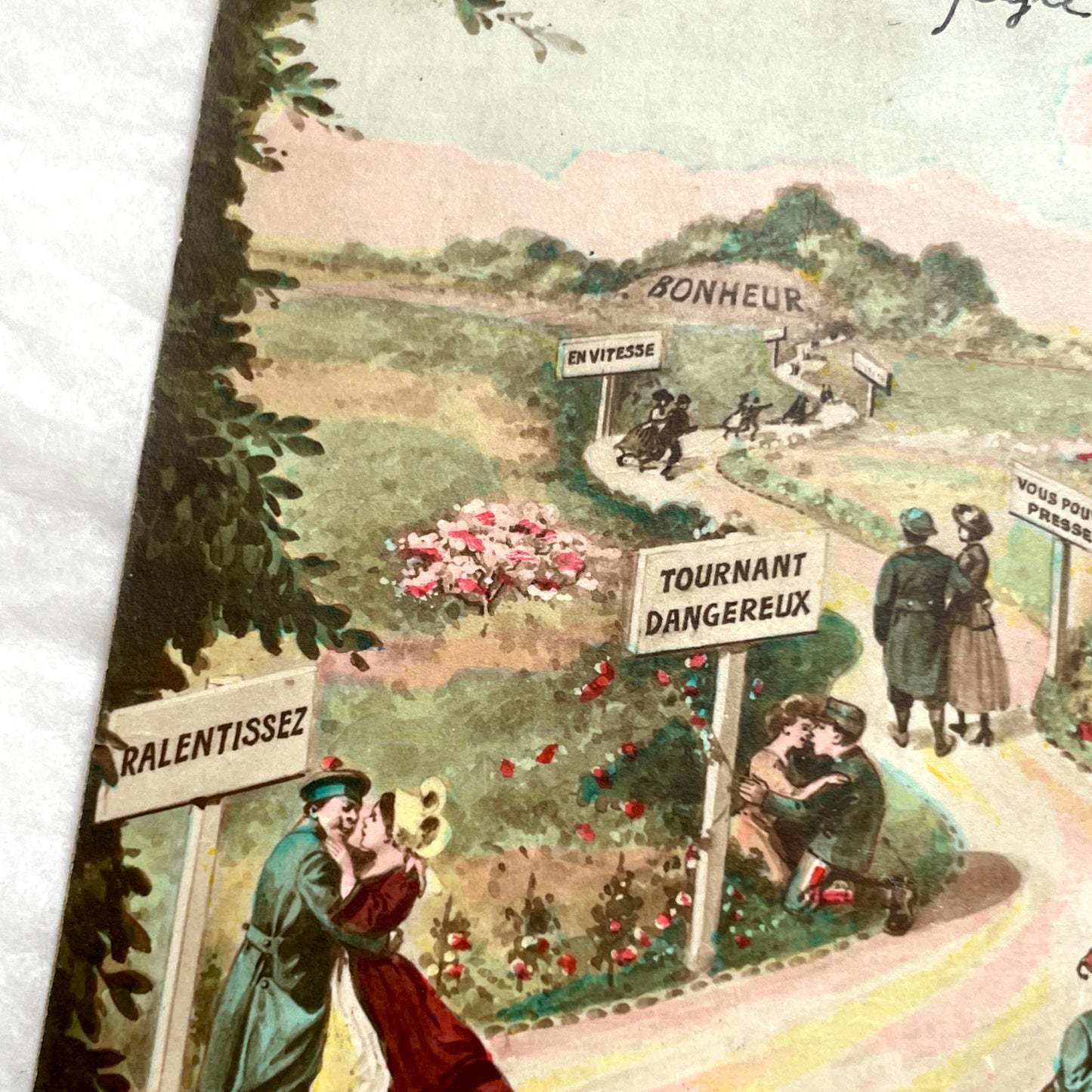 1910s French postcard with WWI Poilus, allegorical path of happiness, couples, and French lyrics.