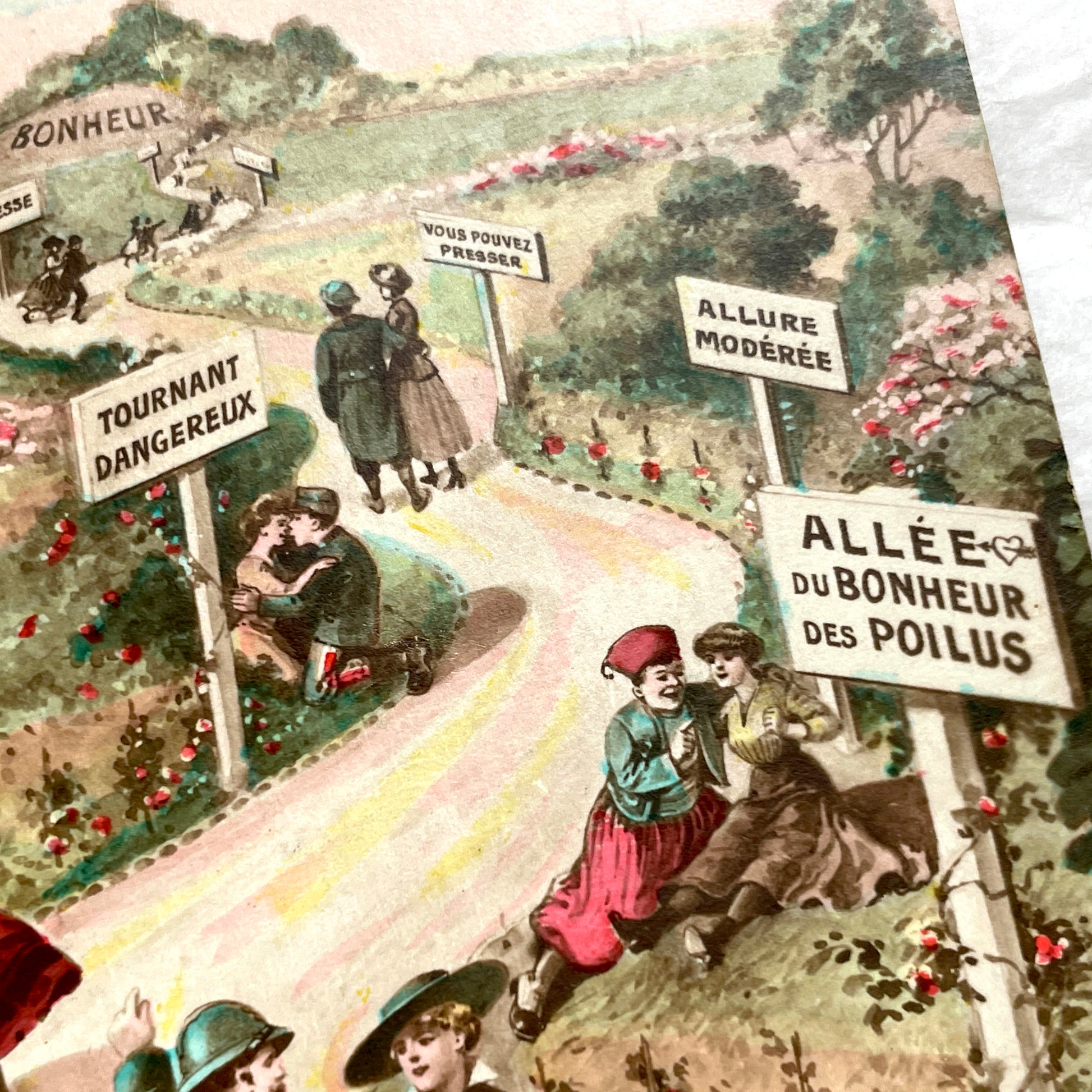 1910s French postcard with WWI Poilus, allegorical path of happiness, couples, and French lyrics.