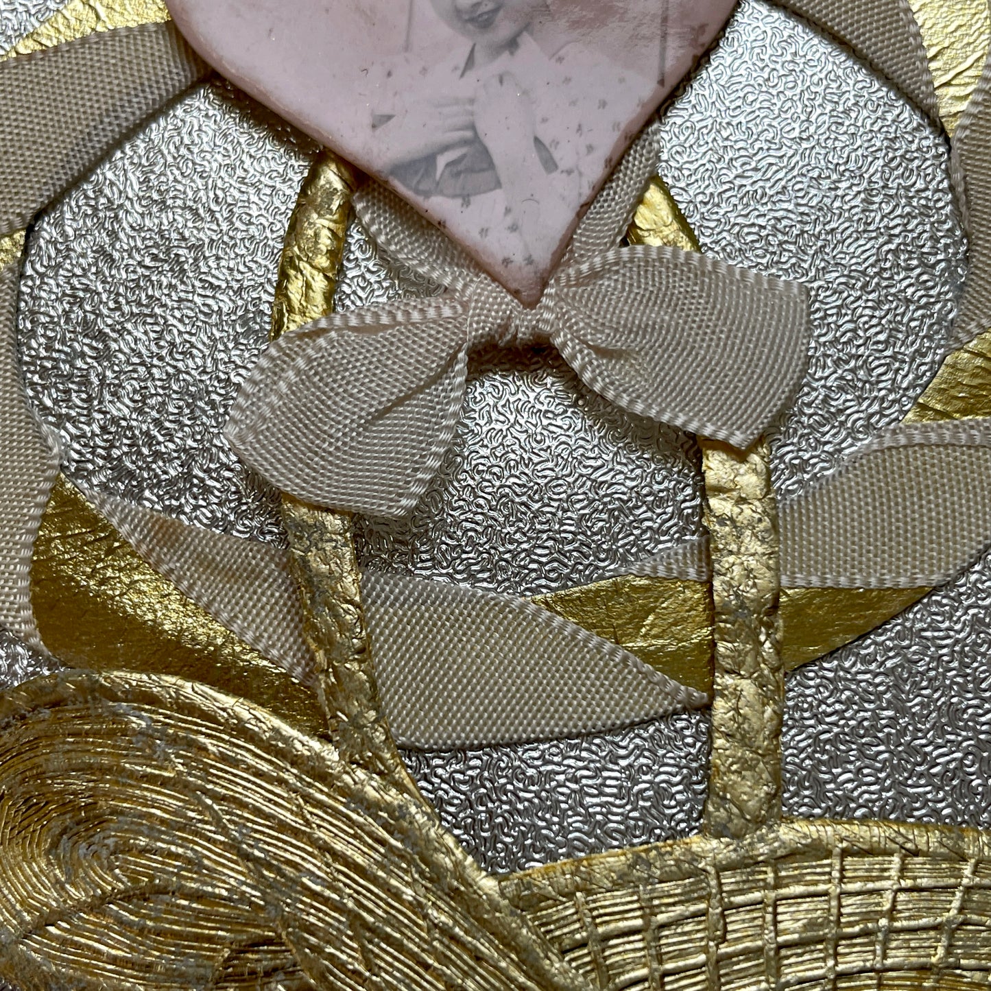 1930s Vintage Keepsake Card with heart-shaped photo, gold weave, and silver embossed background. Elegant decorative piece.