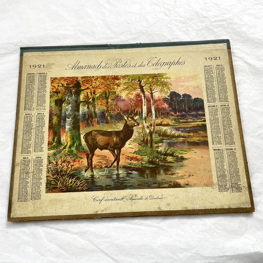 1920s - Vintage French Postal Telegraph Almanac - Duderot Stag Deer Watercolor Art - Historical Calendar - Early 20th Century