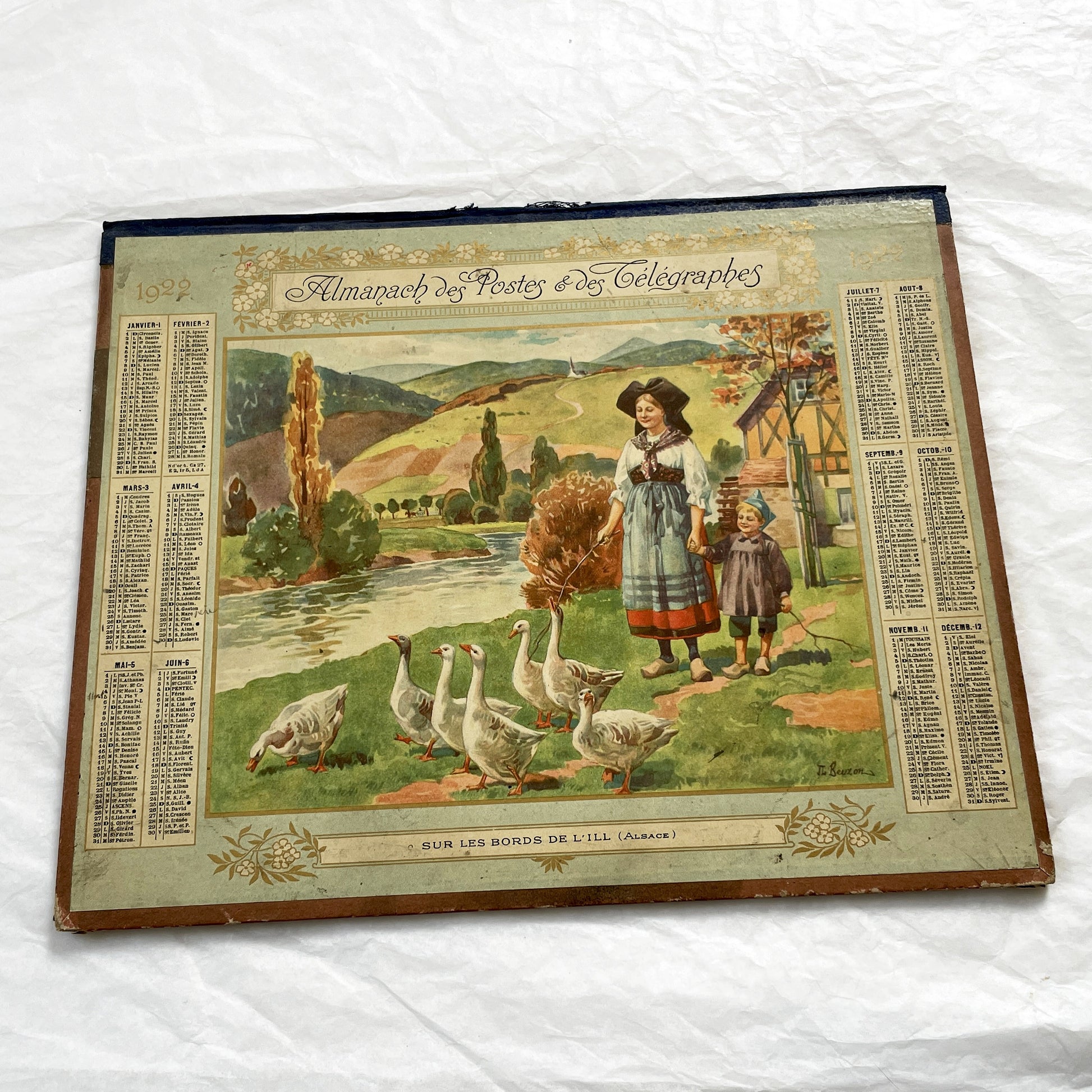 1920s - Vintage French Postal & Telegraph Almanac Illustrated Alsatian Scene with Geese - Historical Folk Culture Document