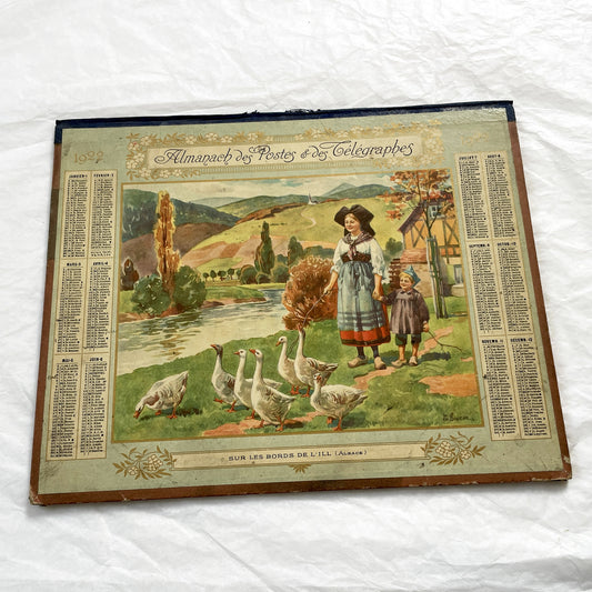 1920s - Vintage French Postal & Telegraph Almanac Illustrated Alsatian Scene with Geese - Historical Folk Culture Document