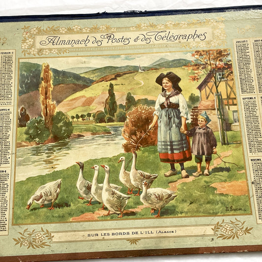 1920s - Vintage French Postal & Telegraph Almanac Illustrated Alsatian Scene with Geese - Historical Folk Culture Document