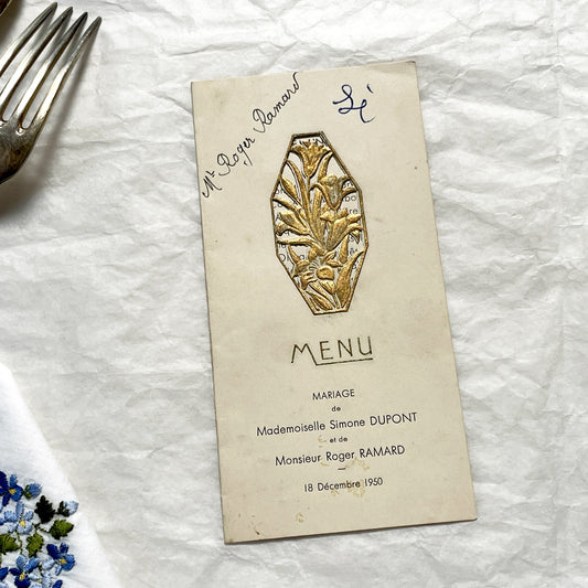 1950s - Vintage French Wedding Menu - Simone Dupont Roger Ramard Marriage Ephemera - December 1950 - Embossed Floral Design -
