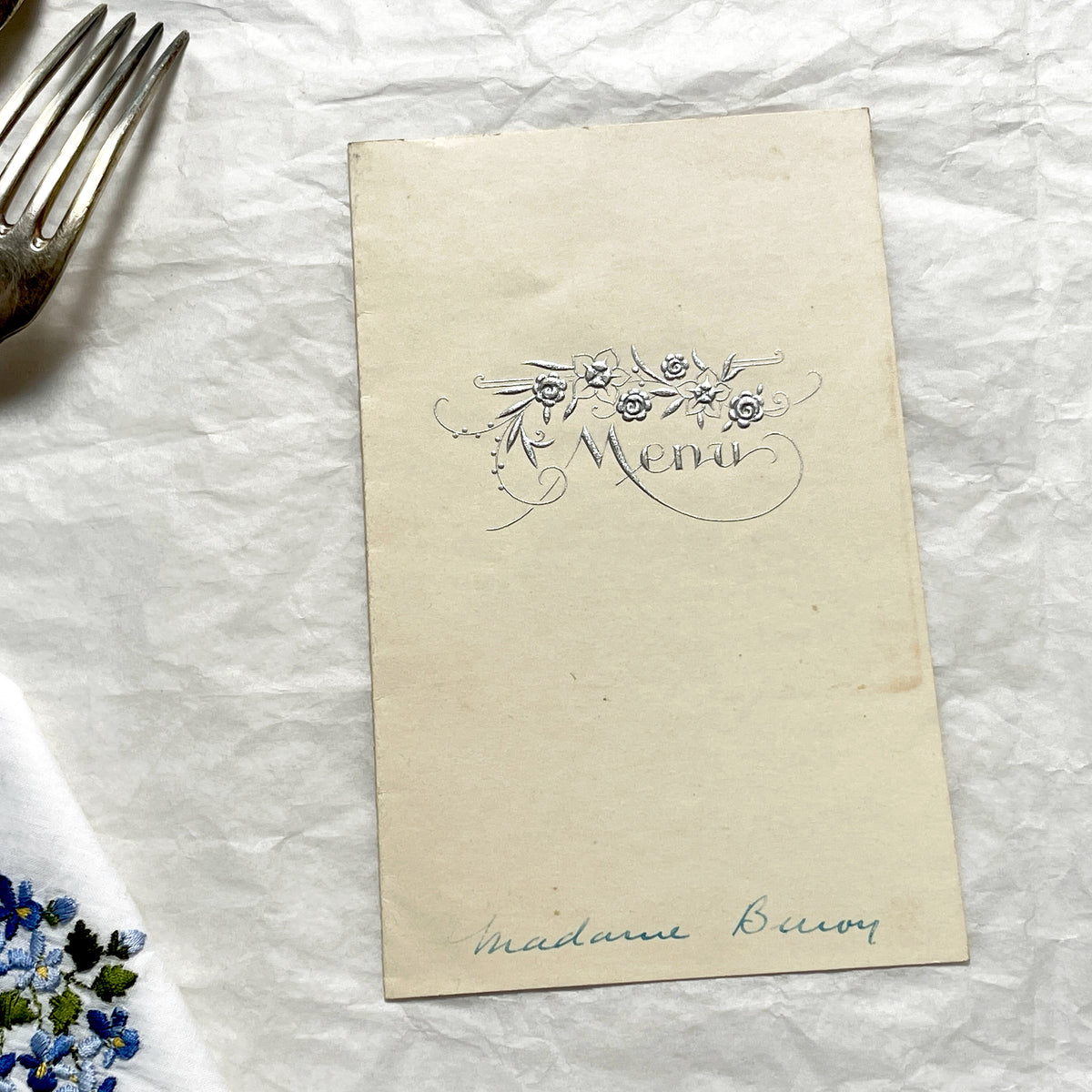 1950s - Vintage French Dinner Menu - Embossed Silver Foil Floral Design - Handwritten Gourmet Dining Card - Mid-Century Culinary Ephemera 