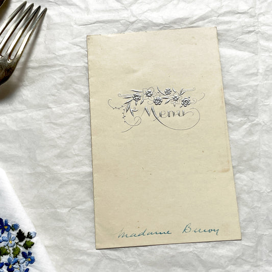 1950s - Vintage French Dinner Menu - Embossed Silver Foil Floral Design - Handwritten Gourmet Dining Card - Mid-Century Culinary Ephemera 