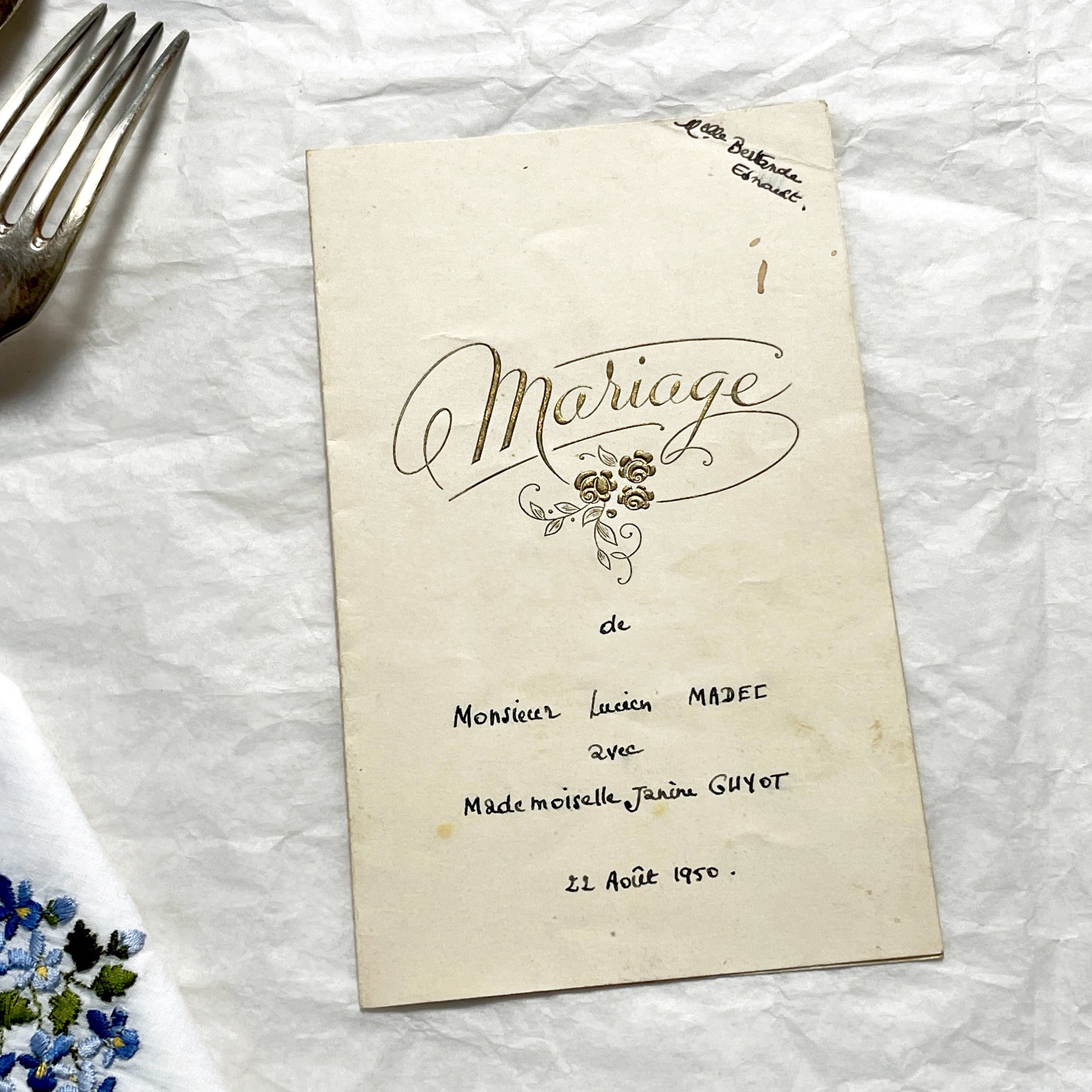 1950s - Vintage French Wedding Menu - Gilded Calligraphy - Handwritten Cuisine Delights - Marriage Celebration Memento