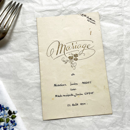 1950s - Vintage French Wedding Menu - Gilded Calligraphy - Handwritten Cuisine Delights - Marriage Celebration Memento