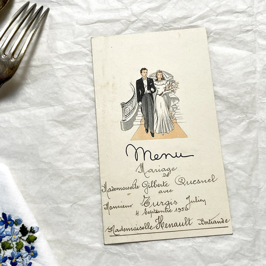 1950s - Vintage French Wedding Menu - 1954 Marriage Celebration - Gilberte & Julien - Original Collectible Ephemera