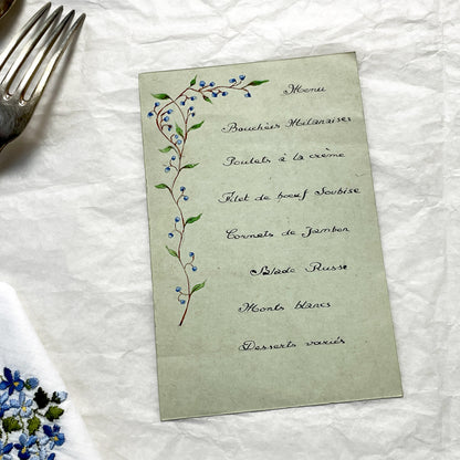 1950s - Vintage French Menu Card - Hand Painted Floral Design - Classic French Cuisine Dinner - Collectible Ephemera