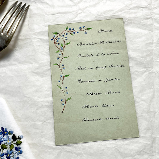 1950s - Vintage French Menu Card - Hand Painted Floral Design - Classic French Cuisine Dinner - Collectible Ephemera