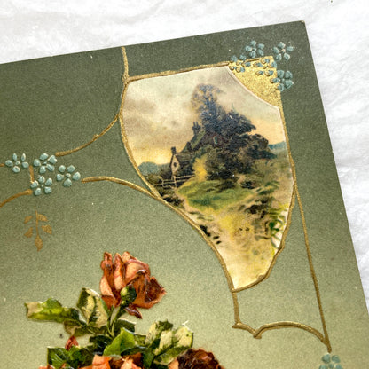 1910s French postcard with embossed roses in a vase, gilded decorative elements, a landscape vignette, and a red French stamp