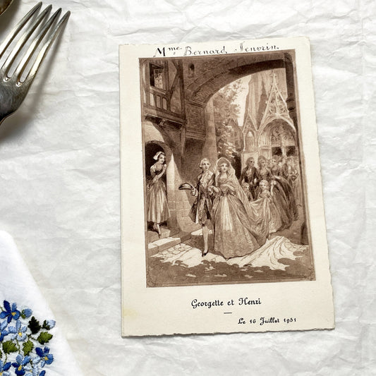 1950s - Vintage French Wedding Menu - 1951 Marriage Celebration - Elegant Illustration - Flers Imprint - Culinary History