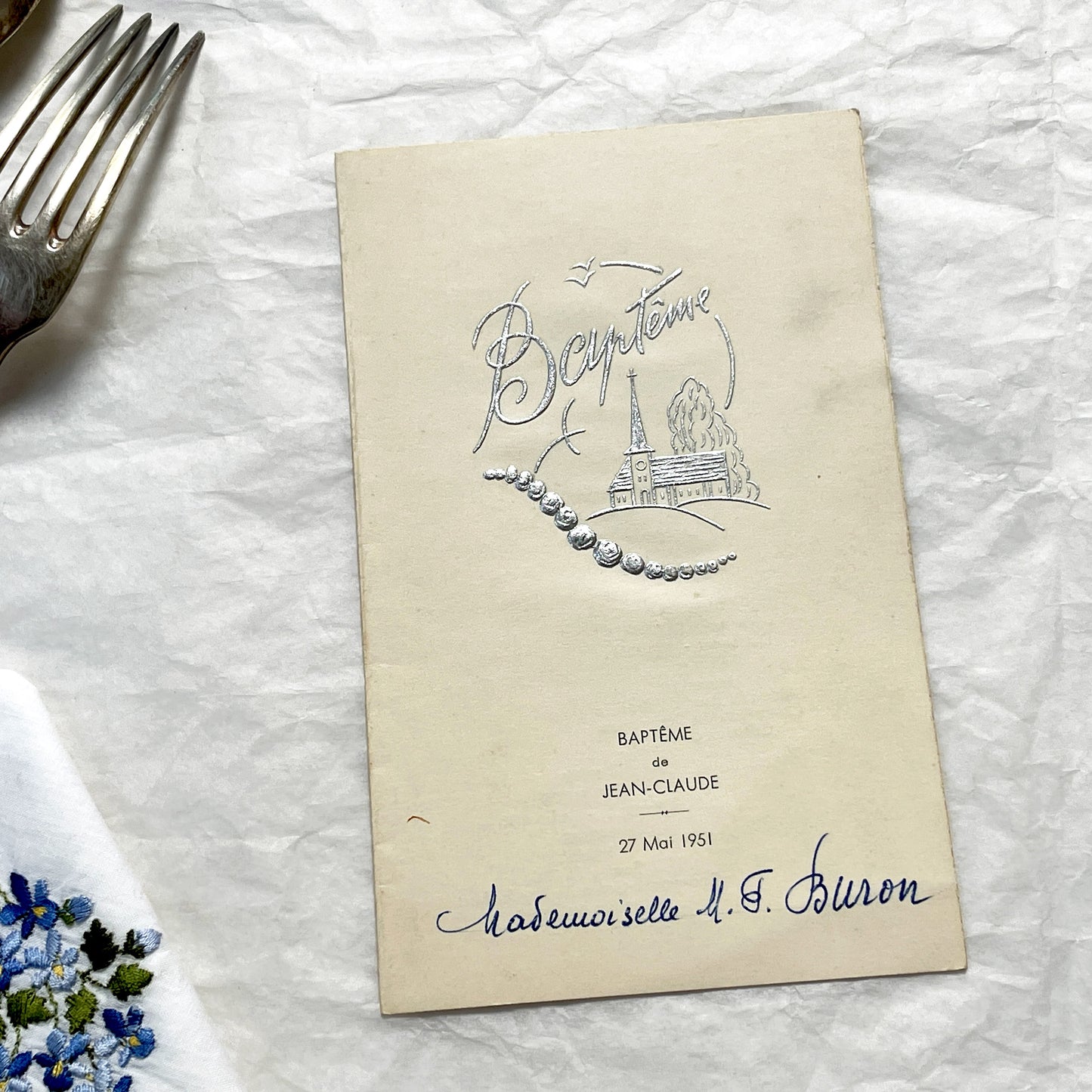 1950s - Vintage Baptism Menu Card - Jean-Claude Ceremony - 1951 - Elegant Silver Embossed Design - Classic Cuisine Celebration Memento