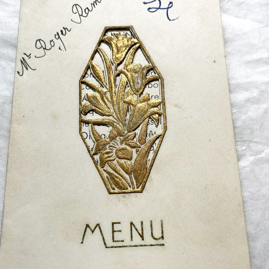1950s - Vintage French Wedding Menu - Simone Dupont Roger Ramard Marriage Ephemera - December 1950 - Embossed Floral Design -