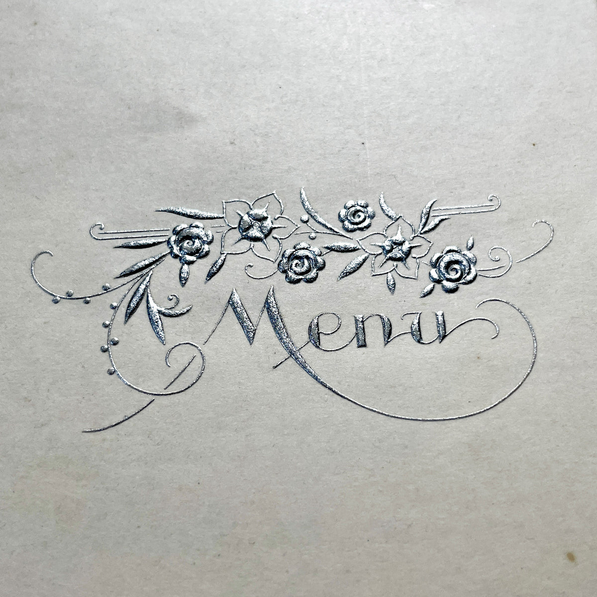 1950s - Vintage French Dinner Menu - Embossed Silver Foil Floral Design - Handwritten Gourmet Dining Card - Mid-Century Culinary Ephemera 