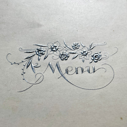 1950s - Vintage French Dinner Menu - Embossed Silver Foil Floral Design - Handwritten Gourmet Dining Card - Mid-Century Culinary Ephemera 