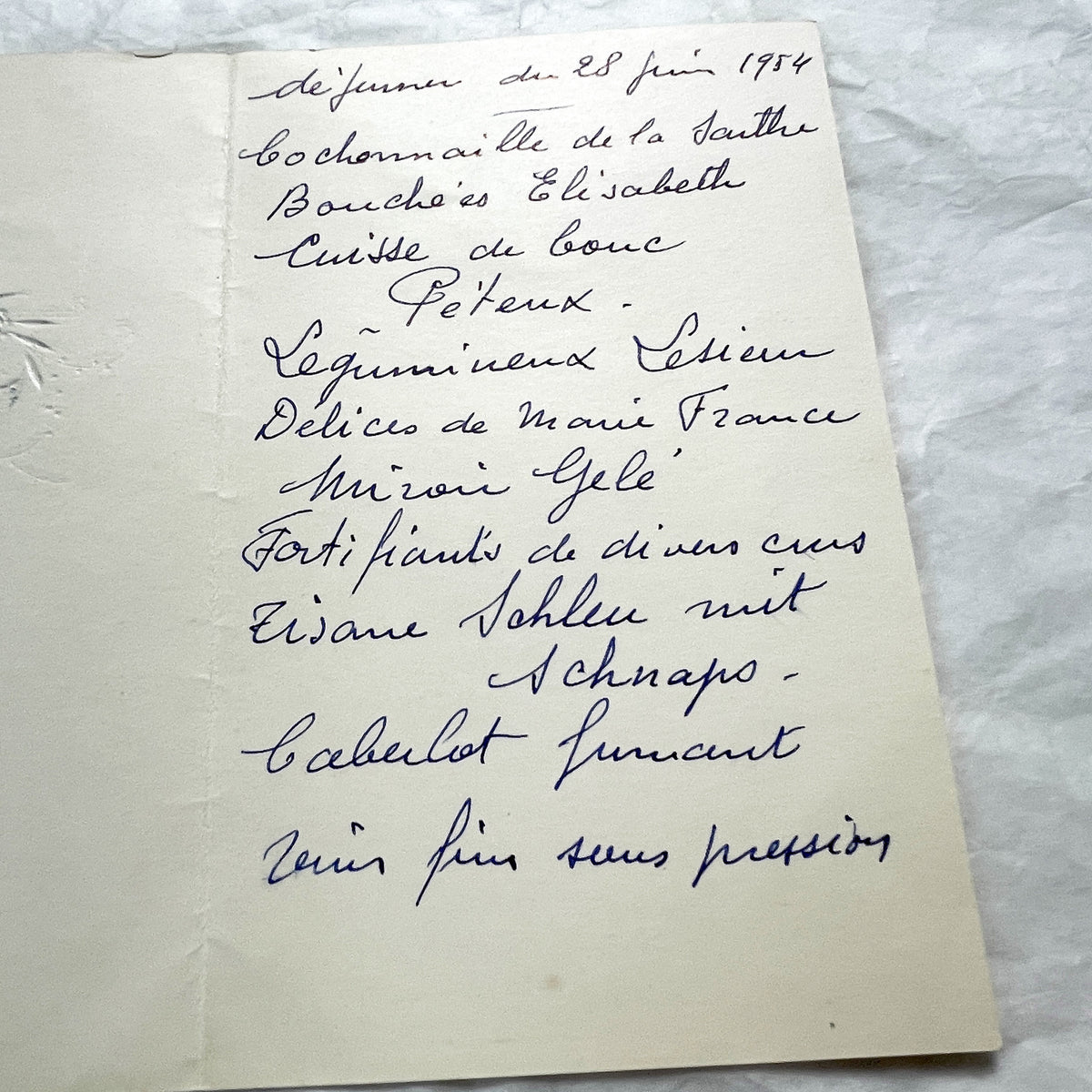 1950s - Vintage French Dinner Menu - Embossed Silver Foil Floral Design - Handwritten Gourmet Dining Card - Mid-Century Culinary Ephemera 