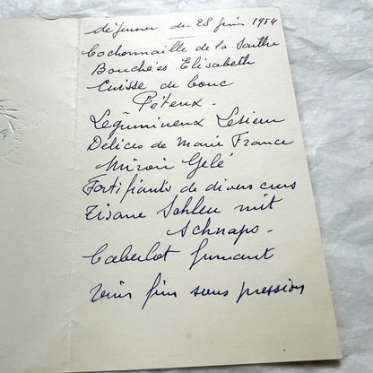 1950s - Vintage French Dinner Menu - Embossed Silver Foil Floral Design - Handwritten Gourmet Dining Card - Mid-Century Culinary Ephemera 