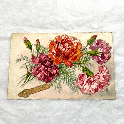 1900s French postcard lot showcasing four antique floral designs, including roses, carnations, and elegant French script.