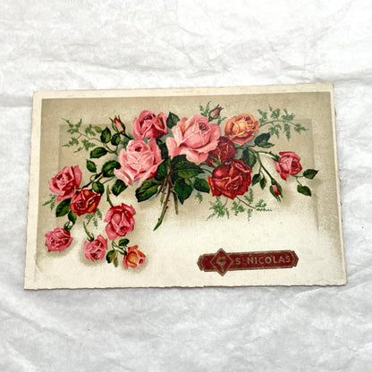 1900s French postcard lot showcasing four antique floral designs, including roses, carnations, and elegant French script.