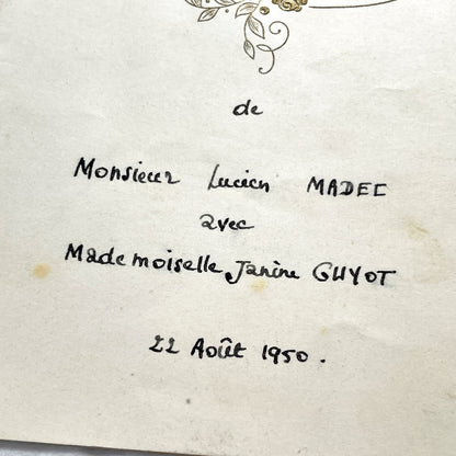 1950s - Vintage French Wedding Menu - Gilded Calligraphy - Handwritten Cuisine Delights - Marriage Celebration Memento