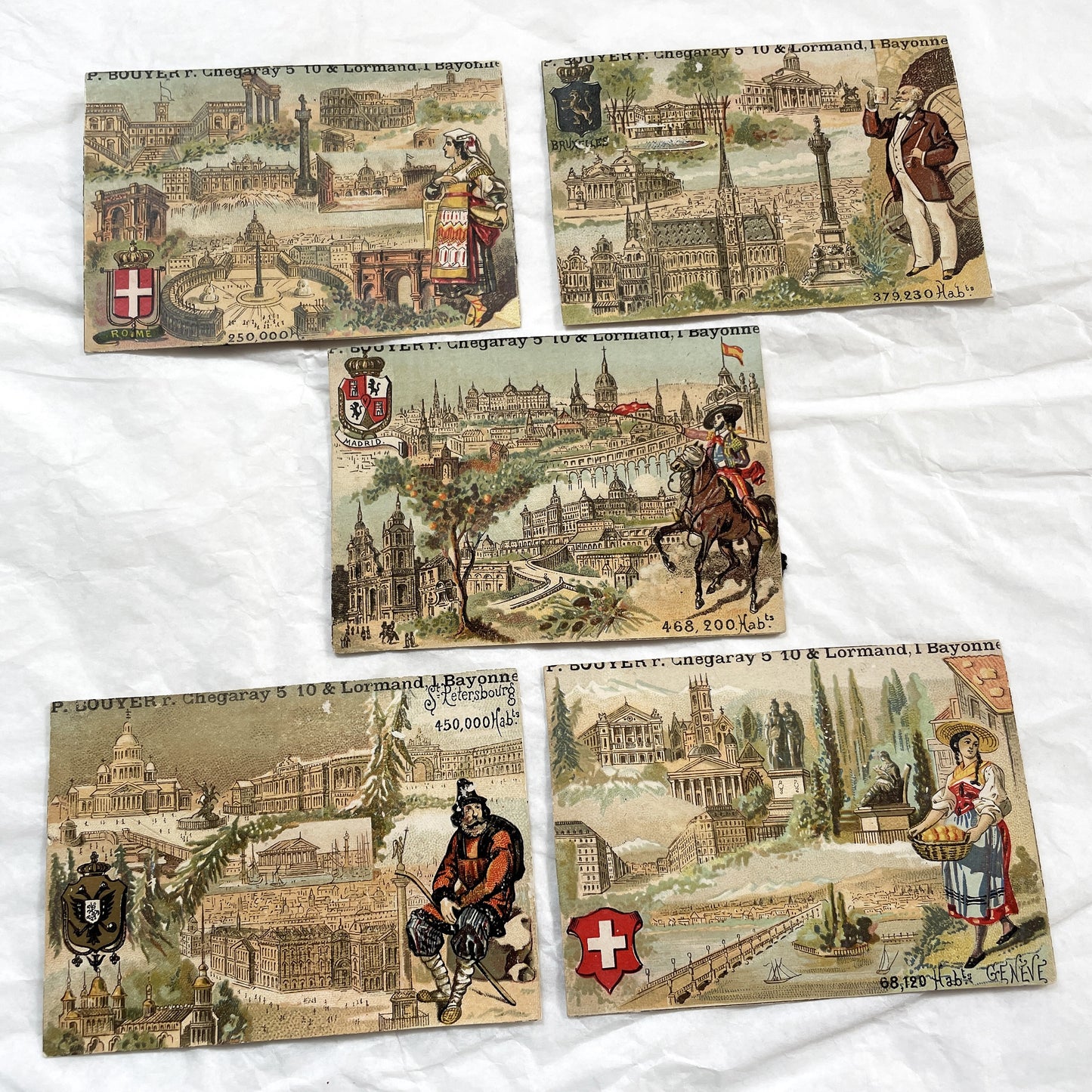 Late 19th - Antique French Chromo Cards - European City Souvenir Collection - Rome Brussels Madrid St Petersburg Geneva - Trade Card