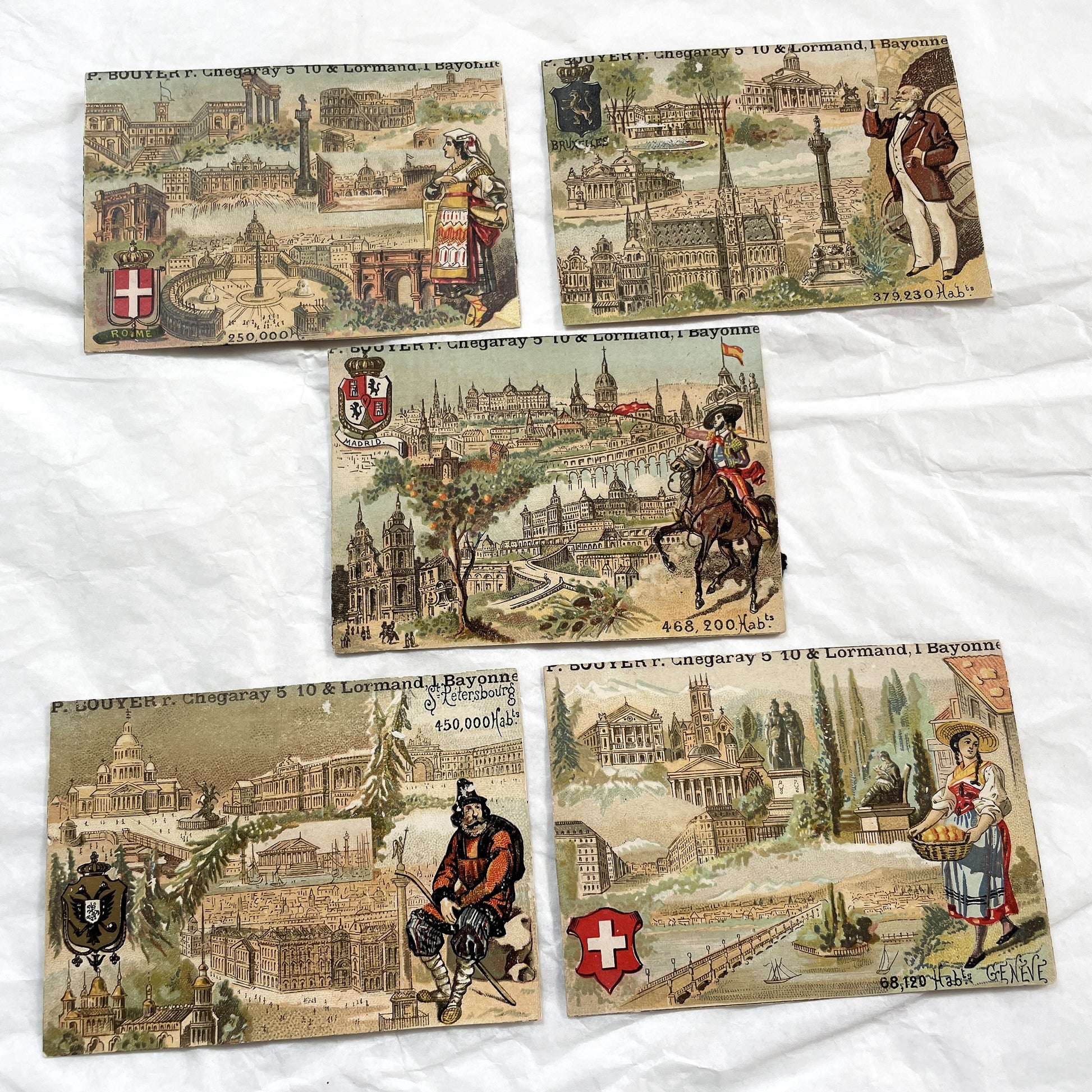 Late 19th - Antique French Chromo Cards - European City Souvenir Collection - Rome Brussels Madrid St Petersburg Geneva - Trade Card