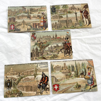 Late 19th - Antique French Chromo Cards - European City Souvenir Collection - Rome Brussels Madrid St Petersburg Geneva - Trade Card