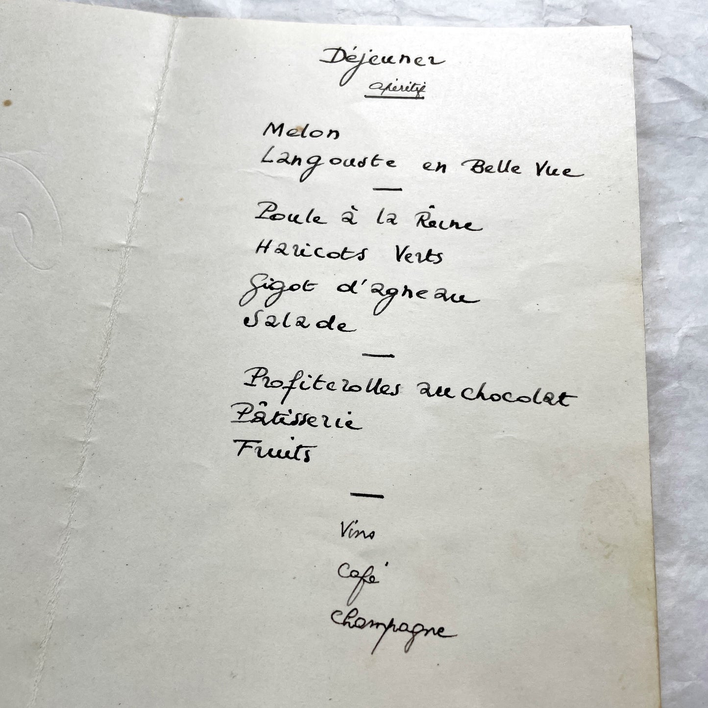 1950s - Vintage French Wedding Menu - Gilded Calligraphy - Handwritten Cuisine Delights - Marriage Celebration Memento