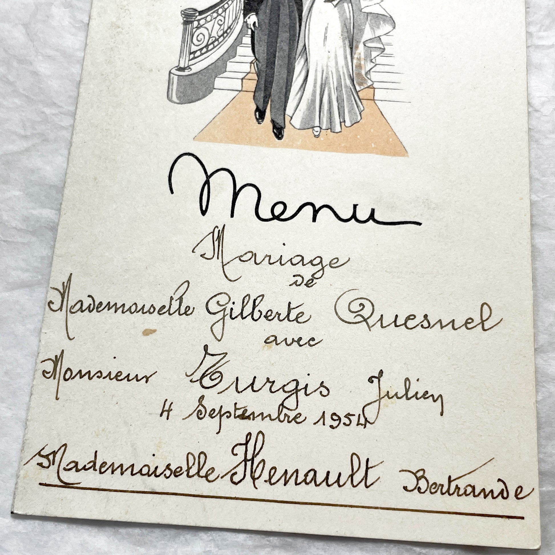 1950s - Vintage French Wedding Menu - 1954 Marriage Celebration - Gilberte & Julien - Original Collectible Ephemera
