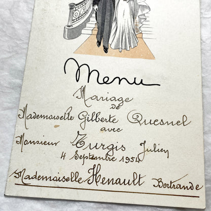 1950s - Vintage French Wedding Menu - 1954 Marriage Celebration - Gilberte & Julien - Original Collectible Ephemera