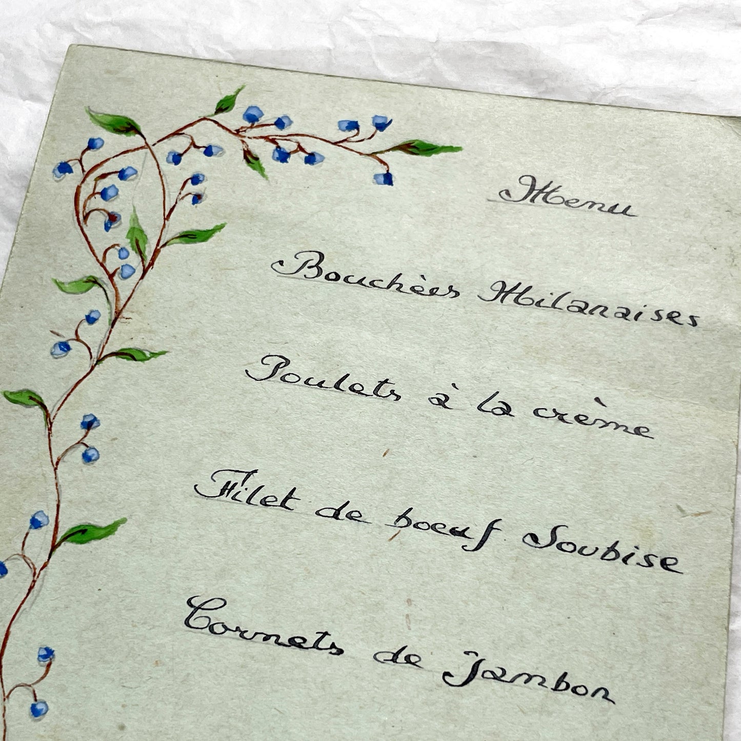 1950s - Vintage French Menu Card - Hand Painted Floral Design - Classic French Cuisine Dinner - Collectible Ephemera