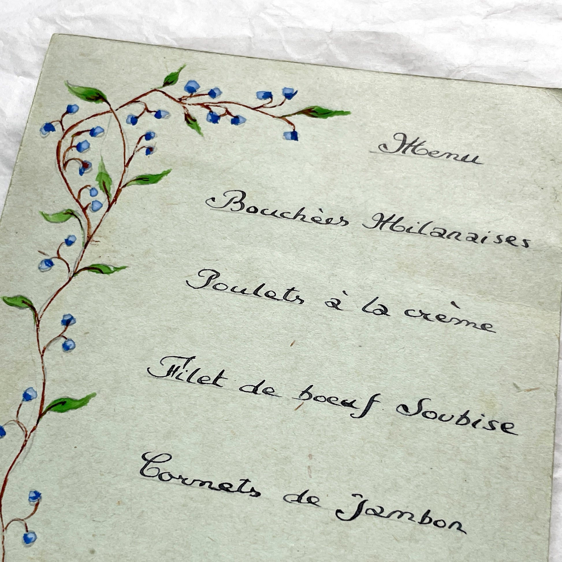 1950s - Vintage French Menu Card - Hand Painted Floral Design - Classic French Cuisine Dinner - Collectible Ephemera