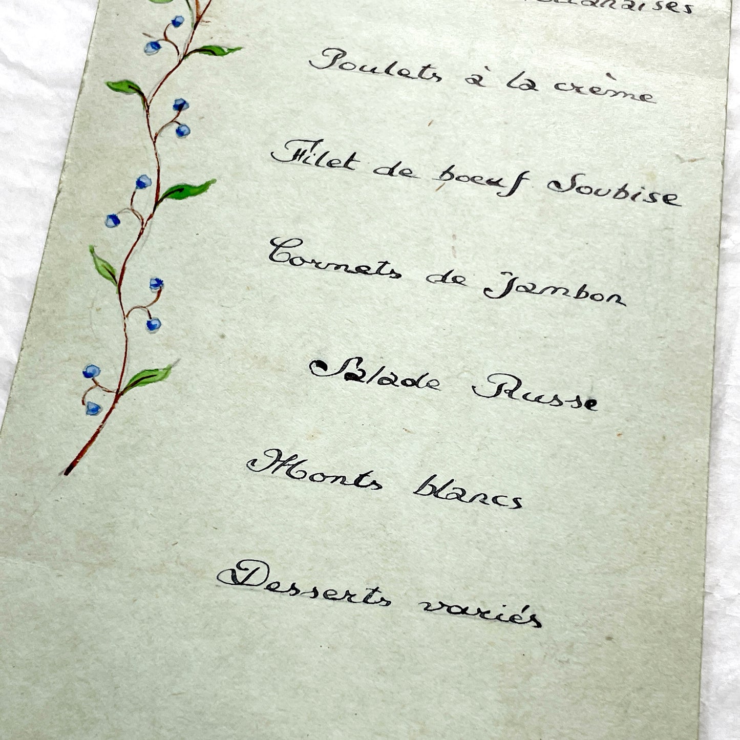 1950s - Vintage French Menu Card - Hand Painted Floral Design - Classic French Cuisine Dinner - Collectible Ephemera