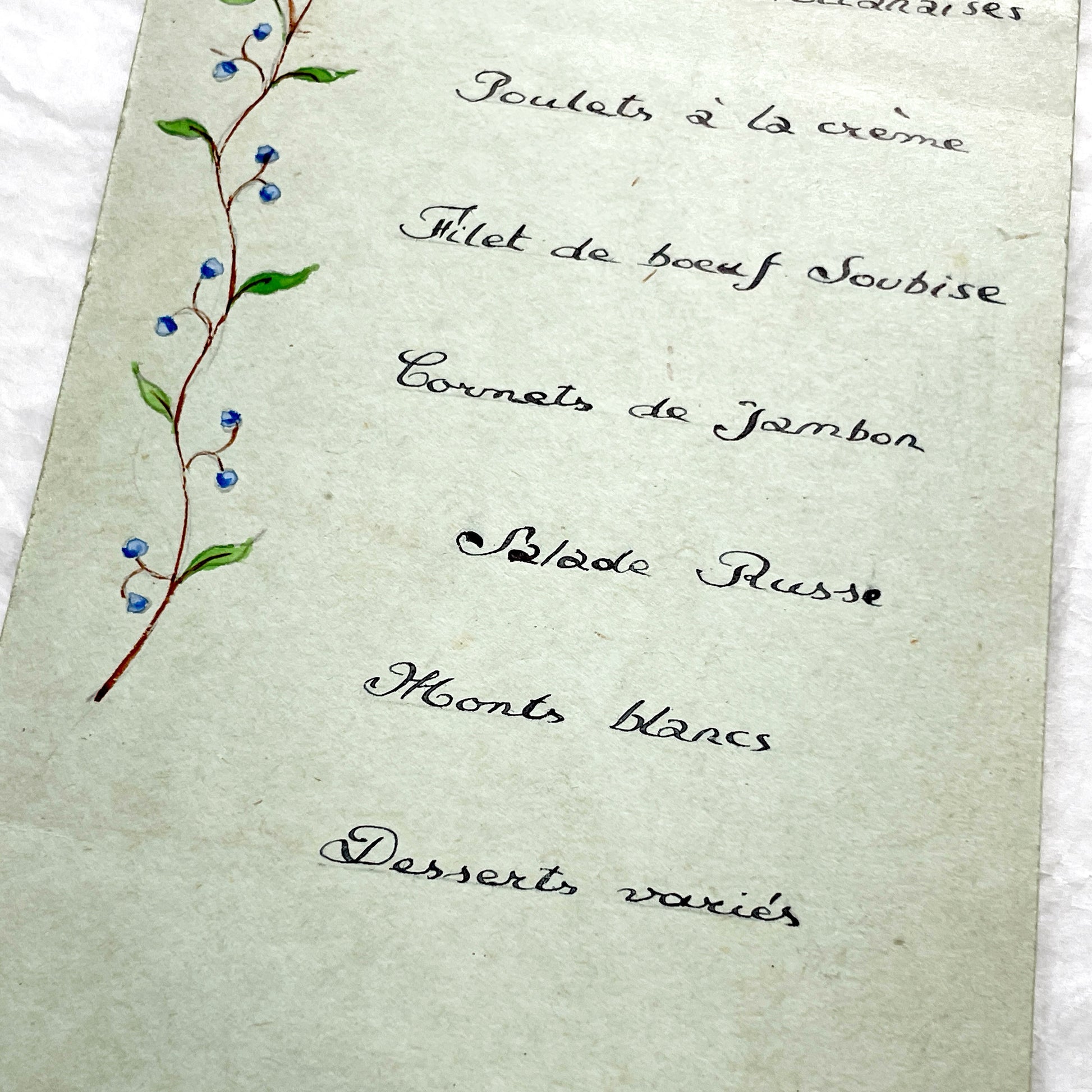 1950s - Vintage French Menu Card - Hand Painted Floral Design - Classic French Cuisine Dinner - Collectible Ephemera