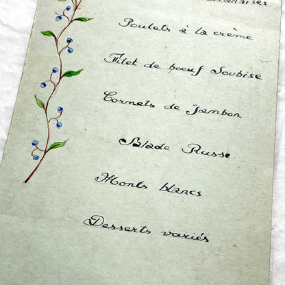 1950s - Vintage French Menu Card - Hand Painted Floral Design - Classic French Cuisine Dinner - Collectible Ephemera