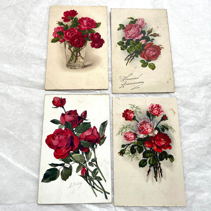 1940s French Postcard Lot with vivid red and pink rose bouquets, antique floral art for collectors.