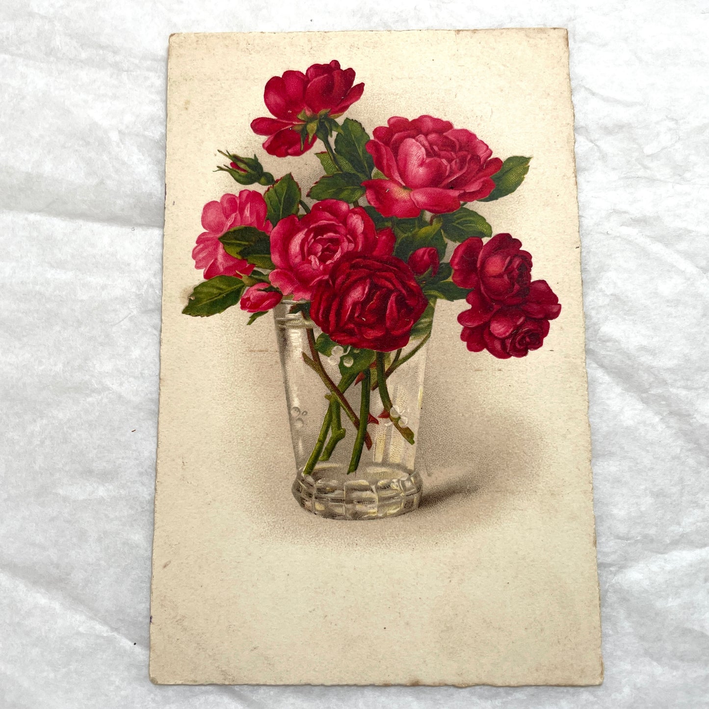 1940s French Postcard Lot with vivid red and pink rose bouquets, antique floral art for collectors.