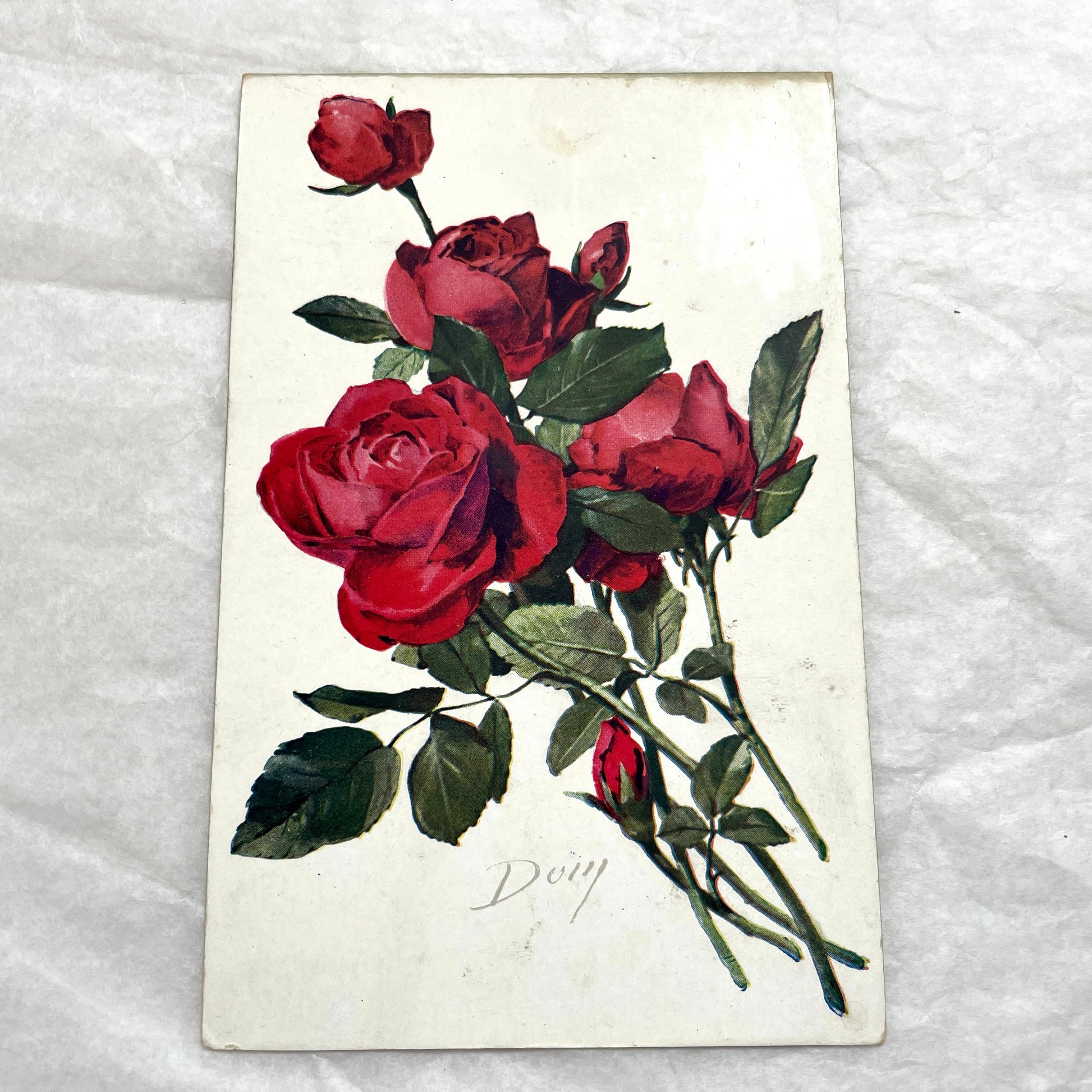 1940s French Postcard Lot with vivid red and pink rose bouquets, antique floral art for collectors.