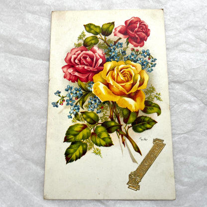 Lot of four vintage postcards from the 1940s featuring vibrant rose floral designs, some with French text and gold details.