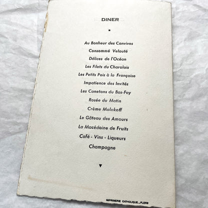 1950s - Vintage French Wedding Menu - 1951 Marriage Celebration - Elegant Illustration - Flers Imprint - Culinary History