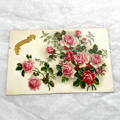 Lot of four vintage postcards from the 1940s featuring vibrant rose floral designs, some with French text and gold details.